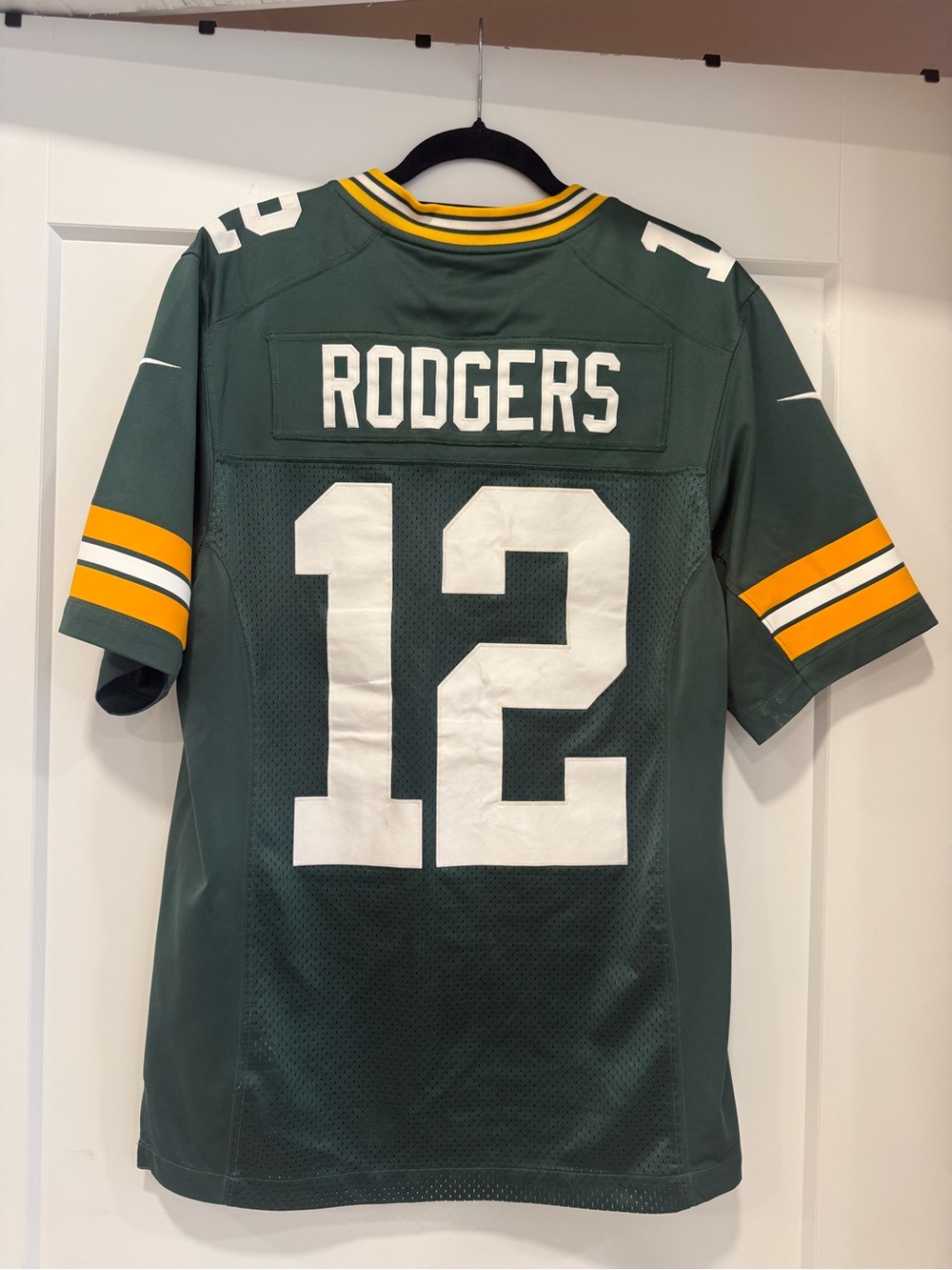Nike Green Rodgers #12 Football Jersey with White Numbers and Yellow Accents